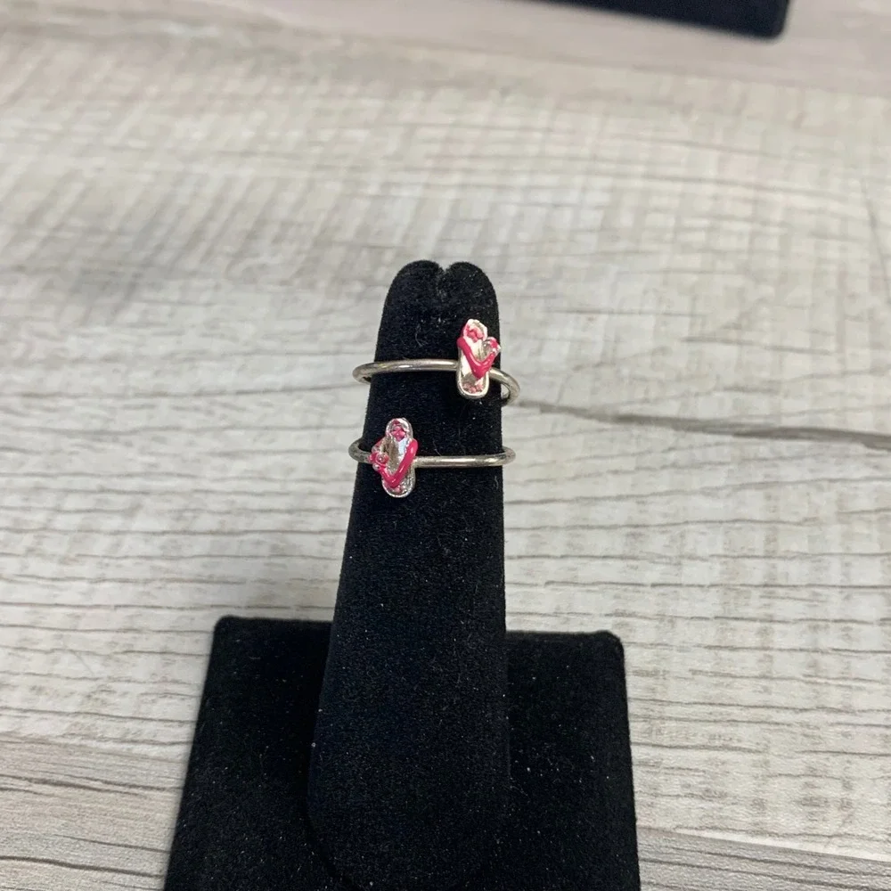 Silver Tone Pink Enamel Flip Flop Bypass Adjustable Ring Summer Beach Jewelry